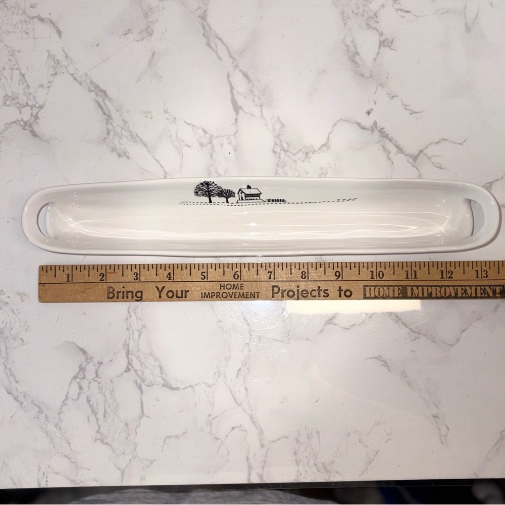 Pier 1 White Ceramic Black House Church Fence Trees Dish Tray Bar Olive Boat - Picture 3 of 4